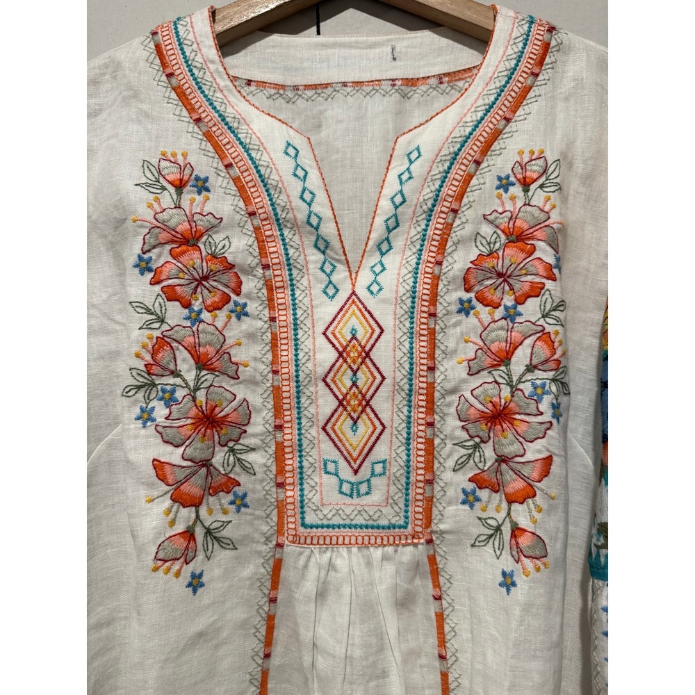 John Mark Floral Embroidered Patchwork Linen Top … - image 4
